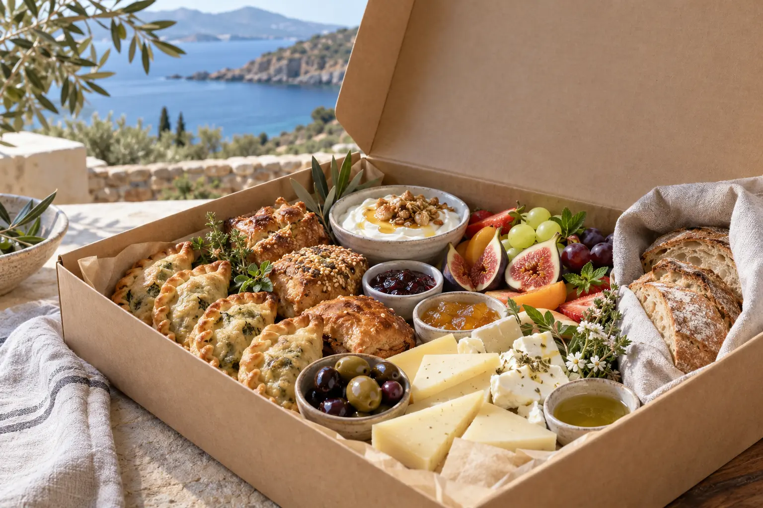 Cretan brunch box with kalitsounia, yoghurt, fruit, cheeses and pastries