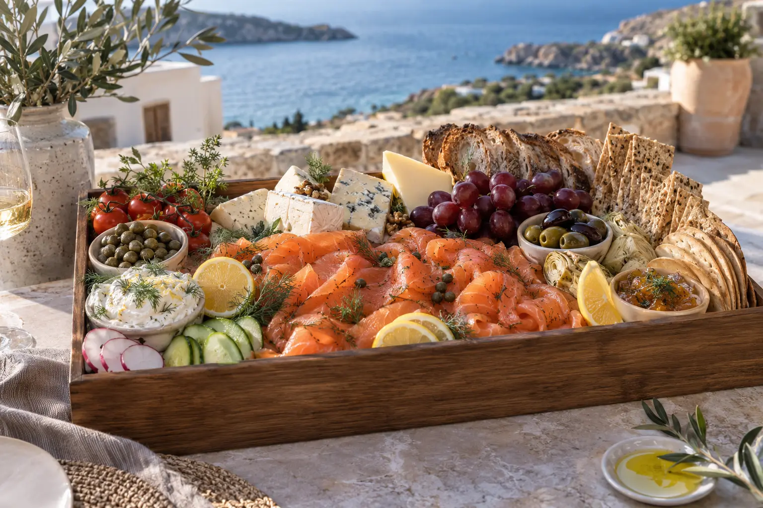 Luxury smoked salmon and cheese grazing box with capers and Mediterranean accompaniments