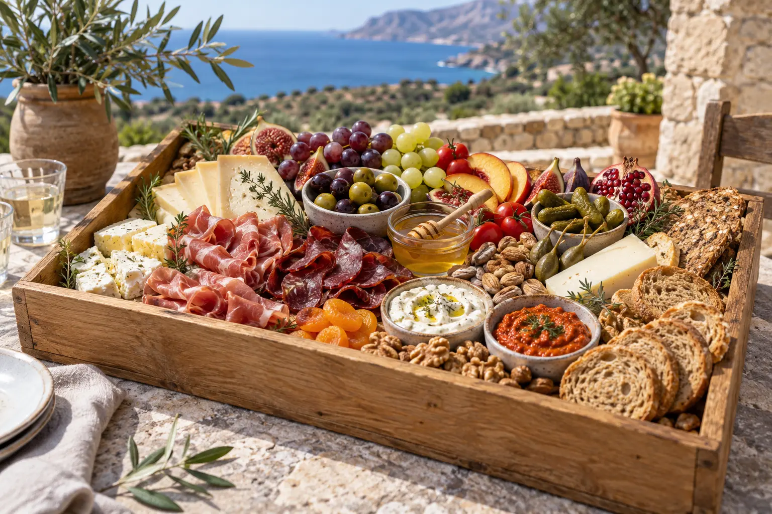 Abundant Cretan sharing box with three cheeses, charcuterie, fruit, olives and dips