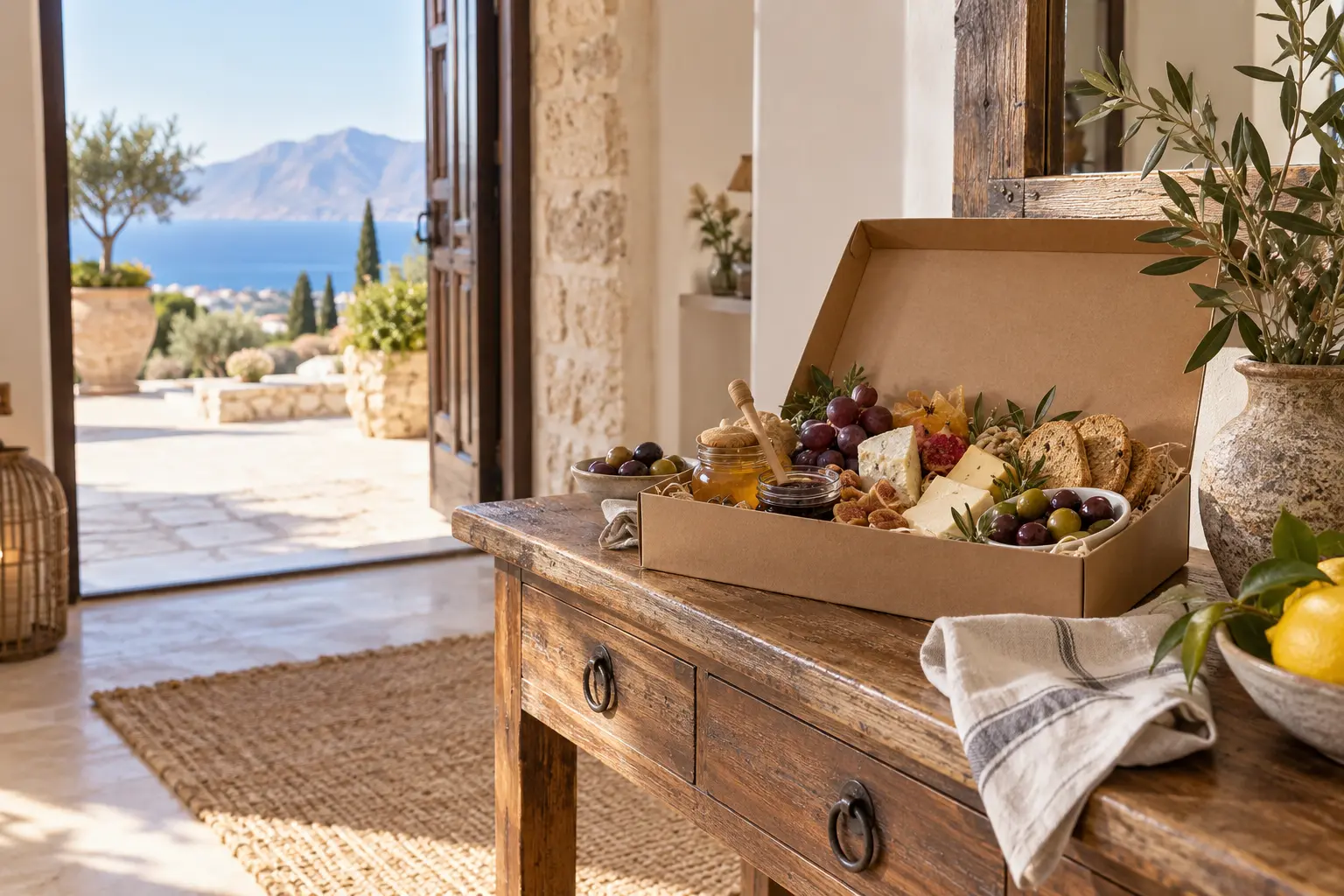 Villa welcome grazing box presented on arrival in a Mediterranean Crete villa